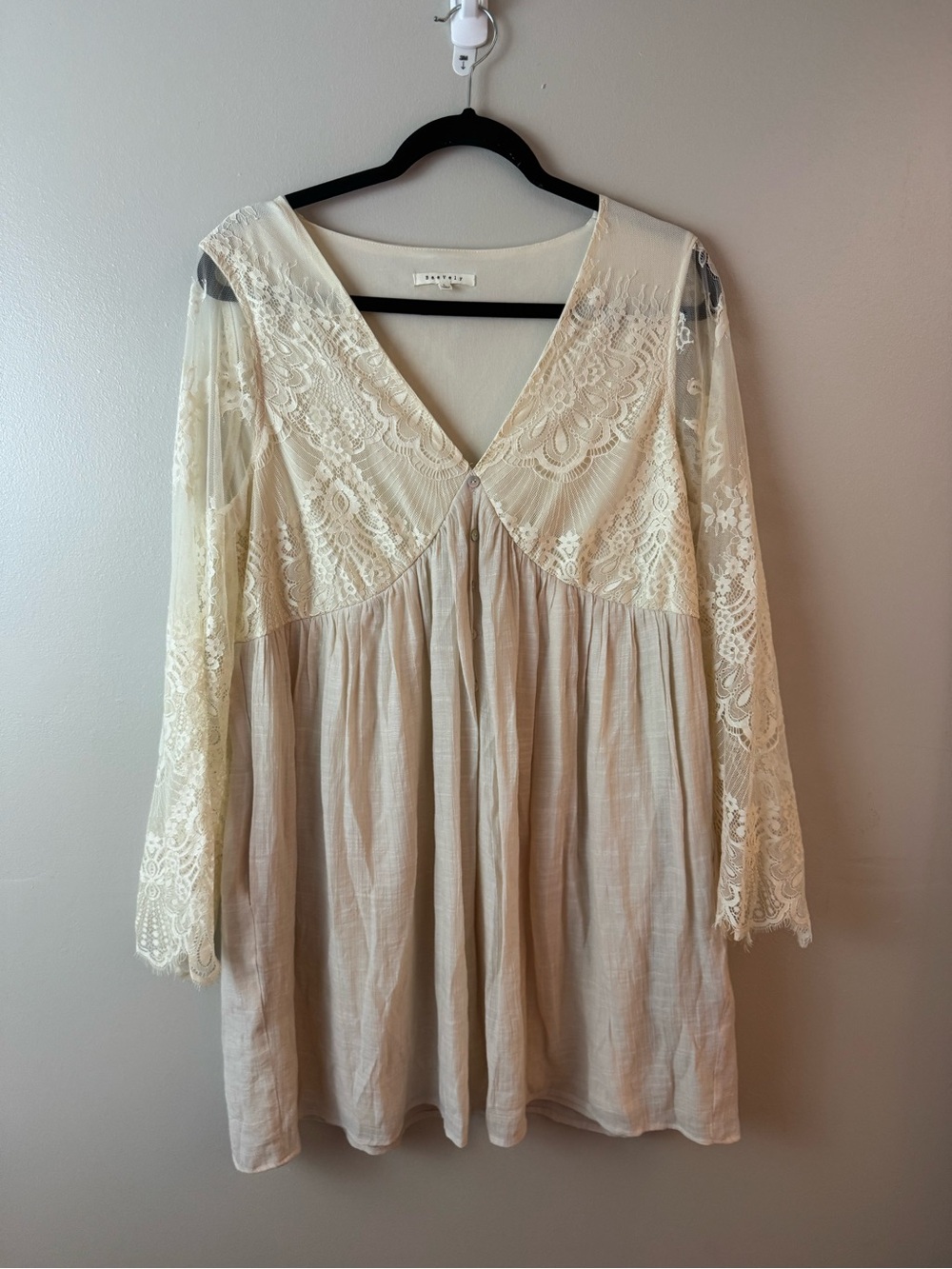 BaeVely Cream Lace V‑Neck Peasant Dress Large Boho Cottagecore Folk